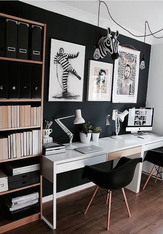a cool home office with a black wall