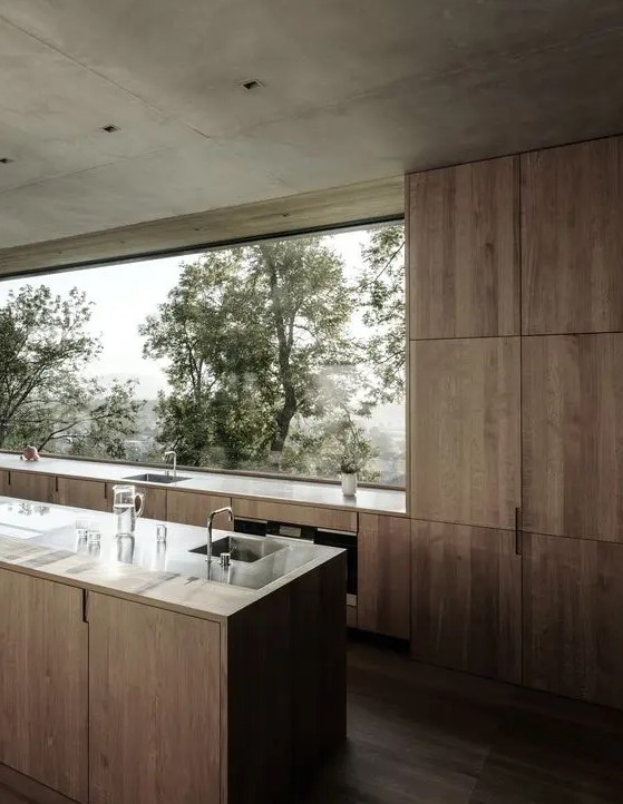 an inviting contemporary kitchen with stained sleek cabinets, stone countertops and a glazed wall to enjoy forest views