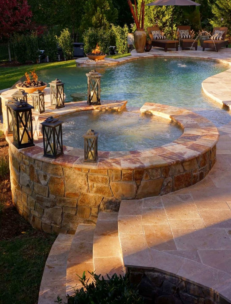 a stylish pool with a jacuzzi