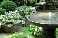 a bowl-like fountain is a beautiful idea for many gardens and backyards, it doesn’t take much space but it lets you enjoy the sound of falling water