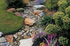 a dry river bed with pebbles and larger pieces of rocks and grass and bright blooms lining up