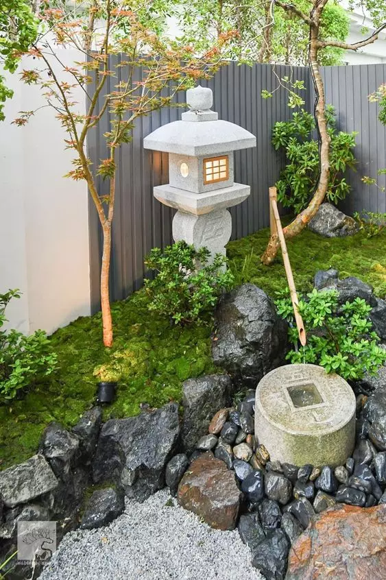 a front yard Japanese mini garden with lots of greenery and moss, some trees, a stone lantern and a traditional bamboo fountain