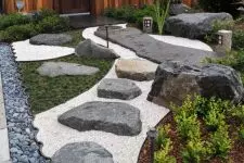 a lovely Japanese front yard with grass, greenery, pebbles, large rocks and stones and Japanese-inspired lanterns