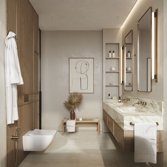 a refined contemporary bathroom with greige walls, a floating vanity with a stone countertop, white appliances and lit up mirrors