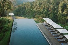 an infinity pool with a stone deck with loungers and parasols, with a tropical forest view and a small stone bench