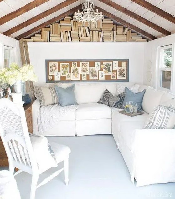 a lovely reading nook in a she shed