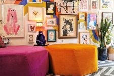 a colorful and bold gallery wall with mismatching frames and super bold artworks in various styles placed on a wall with color block