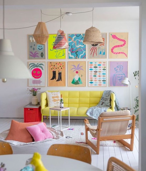 a colorful neon gallery wall with fun abstract and primitive posters will add a funky and bright touch to the space