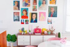 a colorful portrait gallery wall with no frames included will add personality and a bold touch to the space
