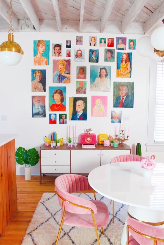 a colorful portrait gallery wall with no frames included will add personality and a bold touch to the space