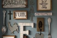 a farmhouse kitchen gallery wall with framed and non-framed signs, with letters, monograms and silhouettes of wood and metal