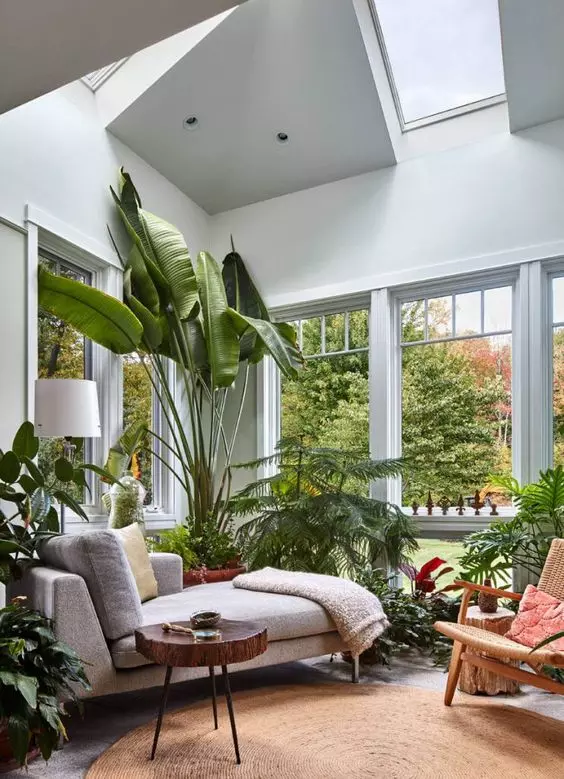 a lovely orangery sunroom with skylights and windows, a grey daybed and a wood slice side table, lots of potted plants and a wicker chair