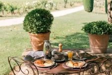 a small Provence outdoor space with a tree, a metal table and metal with cushions, potted greenery is a lovely and refined space