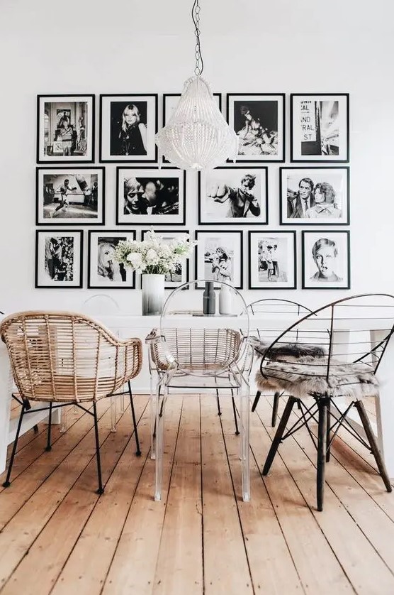 a stylish black and white free form gallery wall with a regular shape is a cool idea that looks eye-catchy