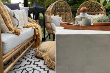 a welcoming terrace with a rattan sofa with pillows, egg-shaped chairs, a concrete table, a printed rug and some greenery