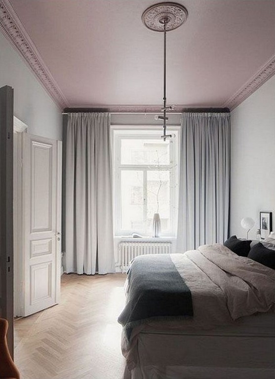 if your space is so neutral, a dusty rose ceiling can be a bold pastel statement that doesn't break the color scheme