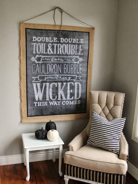 a chalkboard sign in burlap can be DIYed easily and without wasting much time or money