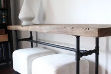 21 a chic industrial console table with piep legs and a wooden slab on top is a lovely idea for an entryway
