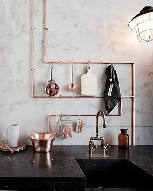 a copper pipe rack for a kitchen is a brilliant idea - you get a pretty and functional holder for your kitchen and a lovely industrial touch