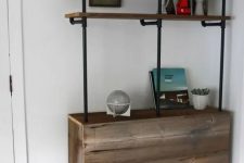 28 a shelving and storage unit of black pipes and reclaimed wood is a lovely idea for an awkward nook, it’s a smart solution