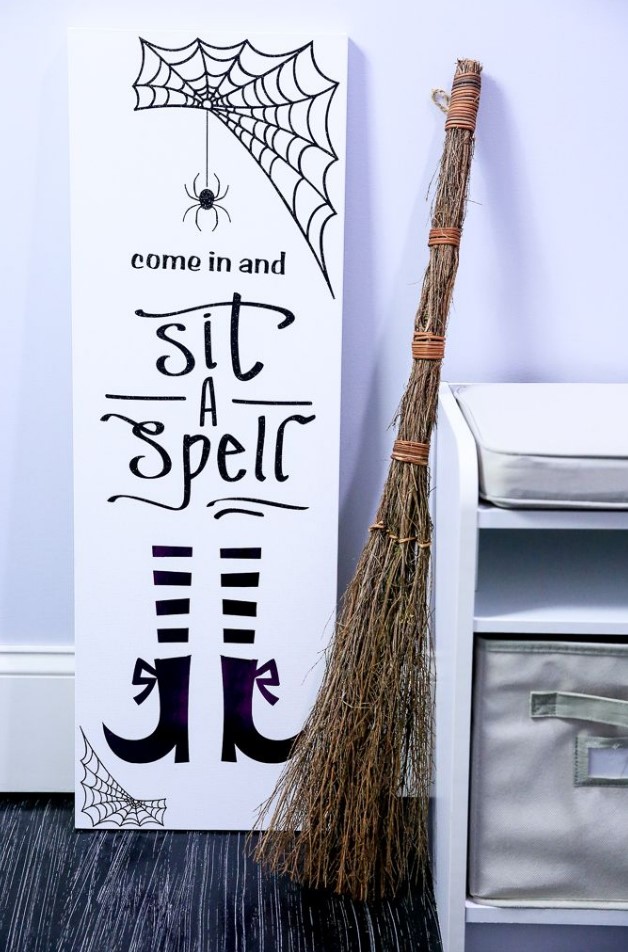 an easy to make witch-themed sign on a canvas could welcome your guests to party and dinner