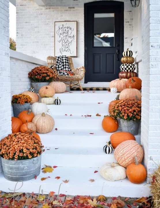 elegant farmhouse porch decor with natural pumpkins, bold fall blooms, a sign and touches of black and white for a Halloween feel