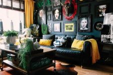 a stylish living room with a black accent wall