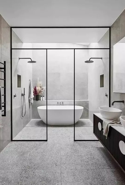 a stylish bathroom with terrazzo tiles