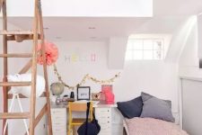 a cool teen room with a loft space for some privacy, a bed and a desk for studying and a ladder to climb up