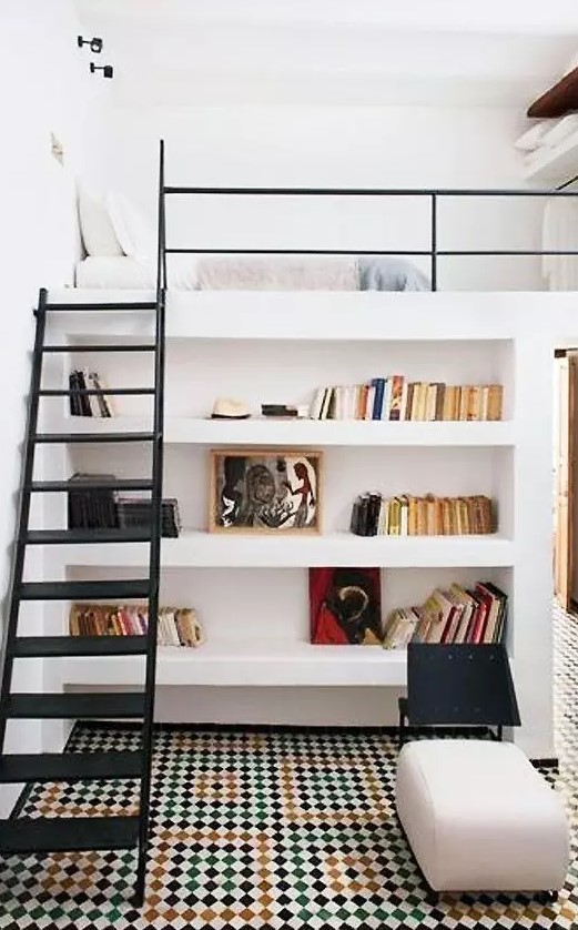 a creative teen room with a loft bedroom and closet and a reading space down with built in shelves and an ottoman