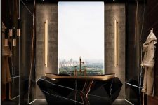 a jaw-dropping gold and black bathroom with a window for a view, a black rock tub on a platform, built-in lights is wow