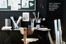 a moody black home office with white floors, a green noteboard with nots, black and white signs and a desk