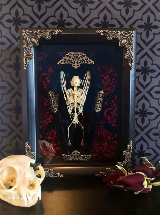 a refined Halloween art piece - a bat skeleton in a coffin and in a refined frame is great for Halloween decor
