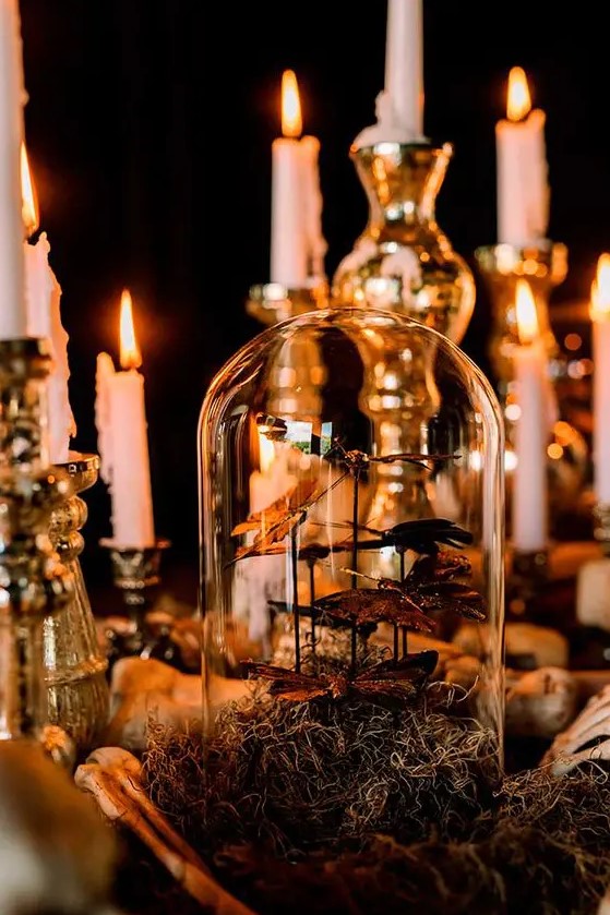 a vintage Halloween decoration of a cloche with faux butterflies, candles in gilded candlesticks, hay is chic