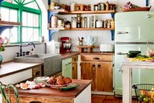 an eclectic kitchen with stained cabinets and open shelves, a mini kitchen island, a green stool and window frames
