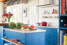 bright sky blue paint on traditional Shaker-style cabinets and a variety of finishes make this eclectic kitchen appealing