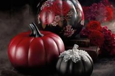 refined red and black Halloween pumpkins with floral painting and sequins and embellishments