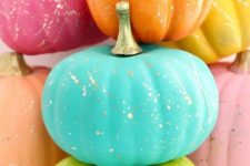 03 neon blue, green, orange, pink and yellow pumpkins with gold splatters are fantastic for Halloween decor