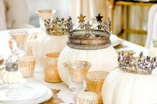 07 a fabulous glam Thanksgiving tablescape with white pumpkins with crowns, gold chargers and candleholders, mini pumpkins with crowns