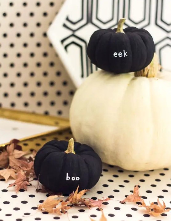 matte black mini pumpkins with white letters are amazing for stylish modern Halloween decor
