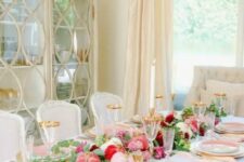12 a lovely glam Thanksgiving tablescape with pink, blush, red velvet pumpkins, greenery, blush and white plates, gold cutlery and glasses with gold rims