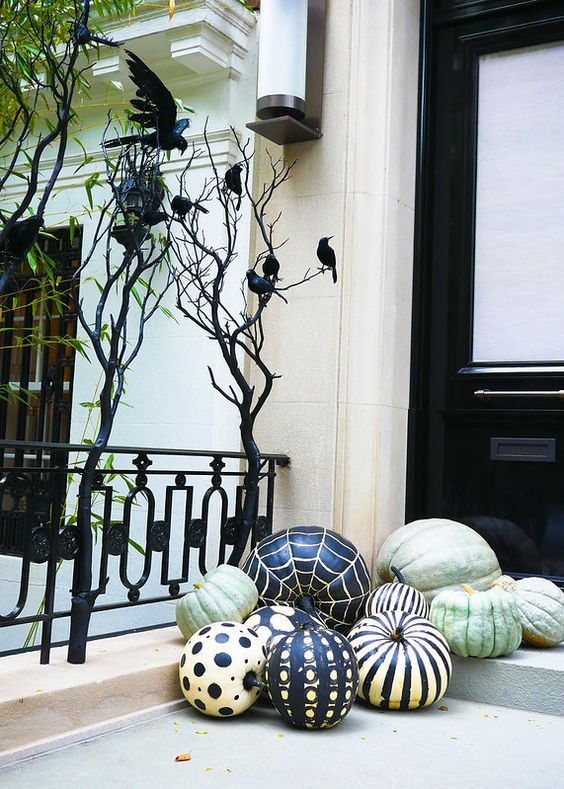 black and white pumpkins with polka dots, stripes and spiderwebs and heirloom green ones for Halloween
