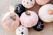 14 beautiful modern pumpkins in blush, white, black, with stars, letters, yarn and other decor are perfect for chic modern decor