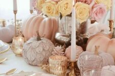 20 a super glam Thanksgiving table setting with blush and light pink pumpkins, copper candleholders and cutlery, tall and thin candles