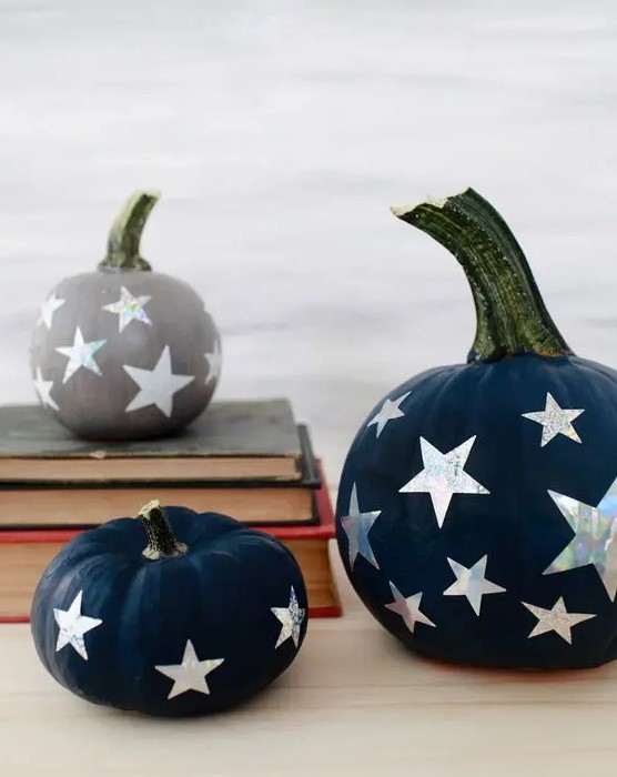 navy and grey pumpkins with holographic stars are amazing for constellation and galaxy Halloween decor