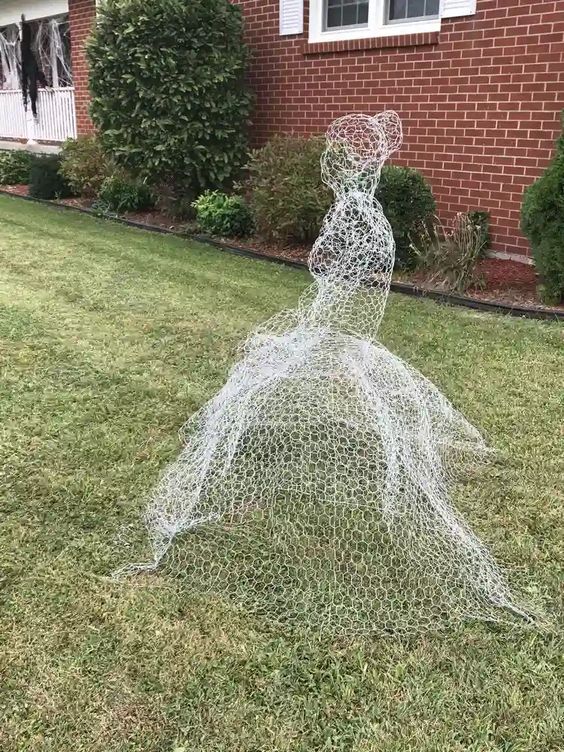 a ghost made of chicken wire is a great idea for outdoors, it will be vague in the dark and will impress people
