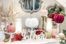 24 a lovely glam Thanksgiving console table with fuchsia, blush, white and gold pumpkins, calligraphy, candles and blooming branches is wow