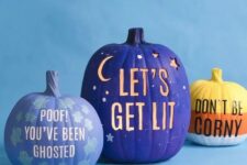 27 modern colorful Hallowene pumpkins in lilac, purple and orange, with drilled letters, stenciled ones and some letters