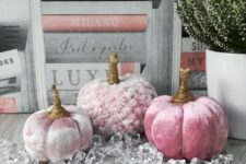 28 fabulous glam Thanksigiving pumpkins of pink velevet and oversized rhinestones are fantastic for a bold look