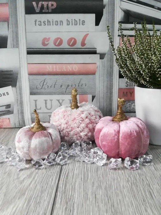 fabulous glam Thanksigiving pumpkins of pink velevet and oversized rhinestones are fantastic for a bold look